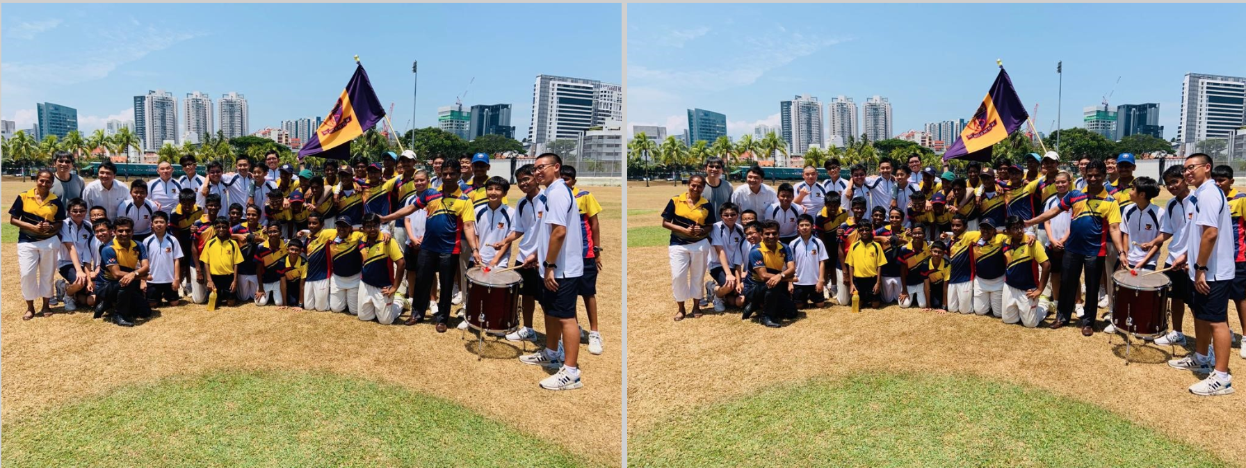 Two identical photos of a large group of youth in yellow and blue uniforms posing outdoors with a purple flag and drum.